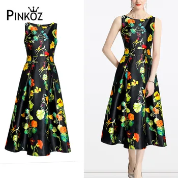 Pinkoz diseñador floral patrón impreso o-cuello del tanque sin mangas vestido midi de Una línea de fiesta de verano de la cena navideña elegante túnica jumer'boho