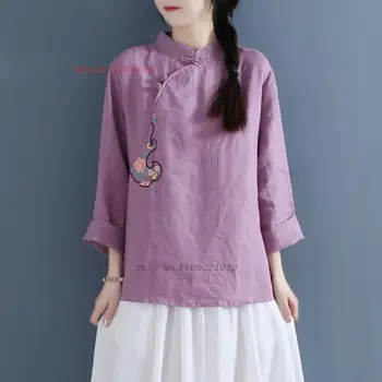 2023 tradicional chino de la vendimia qipao blusa flor nacional de bordado, ropa de cama de algodón blusa oriental retro qipao zen blusa