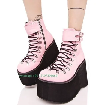 Lady pink PU Y2K diseño de la plataforma de botas de tobillo altura de la parte superior de la hebilla botas de vestido de fiesta diaria, de estilo gótico, botas de tamaño 34-46 calzado