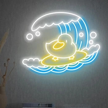 Anime Pato De Surf Led, Señal De Neón De Dibujos Animados De Letreros De Neón Habitación De Los Niños De Luz De Neón De Neón De Luz De Pared De Signo Dormitorio Decoración