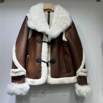 2023 Invierno Nuevo collar de Lana de doble cara abrigos de piel para mujer de la motocicleta chaqueta de cuero de la moda Femenina Suelta prenda de abrigo Y4397