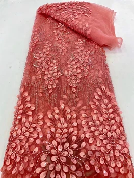 Venta caliente de África Bordados hechos a Mano de Perlas Con 3D flor de Alta Calidad Con Hermosa lentejuelas de Tela de Malla de Tul francés Tejido de Red