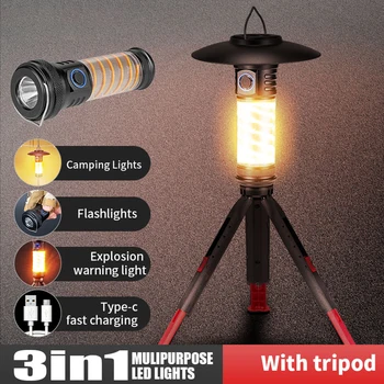 3 en 1 Lámpara de Emergencia con Trípode al aire libre de la Linterna de LED de Tipo C de Carga Retro Camping Linterna Impermeable para la Pesca, la Exploración de