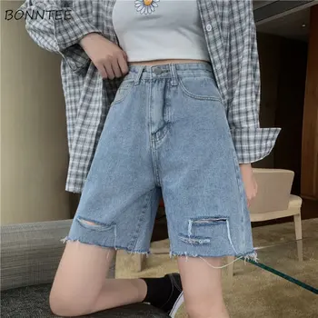 Pantalones cortos de las Mujeres del Dril de algodón de la Moda de S-5XL Nuevo Ocio Recta Simple de Todos los Sólidos partido de Cintura Alta de Licitación Elegante Estudiante Agujero Estilo coreano