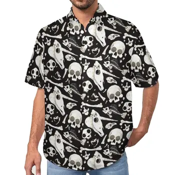 Negro Con Calaveras Y Huesos Wunderkammer Blusas Para Hombre Espeluznante Casual Camisas Hawaianas Mangas Cortas Novedad De Gran Tamaño Playa De La Camisa