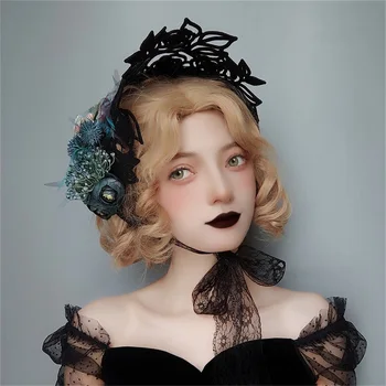 Halloween Sombrero de Bruja para Mujer Adultos Niñas Lolita Bonnet francés Vintage Diadema 3D Hueco de Flor de Cosplay Prop Cap Sombreros