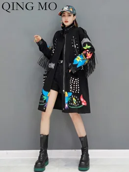 QING MO 2023 Primavera Otoño de la Moda de Abrigo coreano de Impresión Suelta de Gran Tamaño de la Media de la Longitud de la Chaqueta de las Mujeres ZXF823