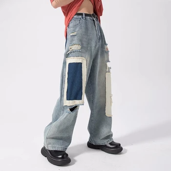2023 Hombres Streetwear Personalizada Mosaico de Color Casual Pantalones Sueltos de la Tendencia de la Moda los pantalones Vaqueros de Color Azul de gran tamaño Pantalones M-3XL
