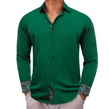 Diseñador de Camisetas para los Hombres de Seda de Manga Larga Verde Azul Sólido Llanura de Paisley Parche Slim Fit Macho Blusas Casual Tops Barry Wang