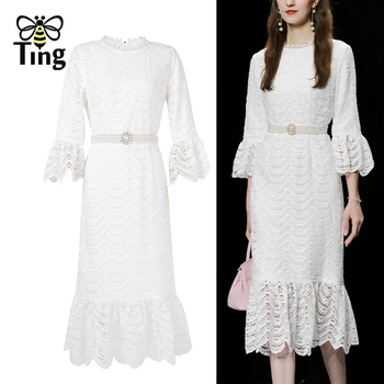 Tingfly Diseñador de Pasarela de la Moda de Encaje Bordado Slim de Fiesta Vestidos de Dama de Color Blanco Elegante de Trabajo de la Oficina Vestido con Cinturón de Elbise