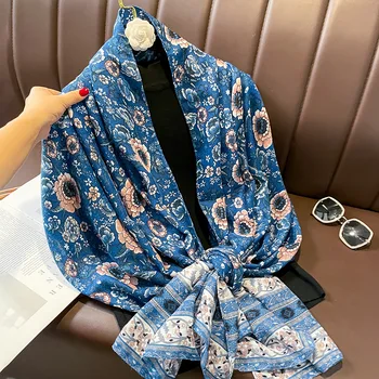 Moda Bufanda de algodón Y Lino Nacional de Viento Para Viajar O Trabajar En La Oficina de la Primavera y el Otoño Azul Delgada Floral Retro Envuelve.