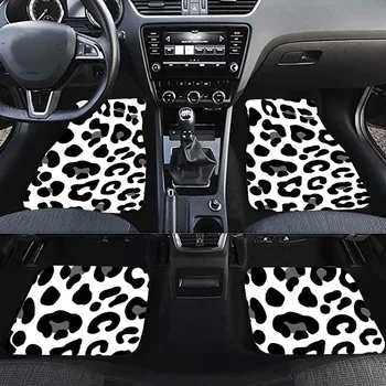 Conjunto completo de la parte delantera y trasera del coche esteras, blanco de impresión de leopardo, antideslizantes alfombras, accesorios para el coche adecuado para la mayoría de los vehículos