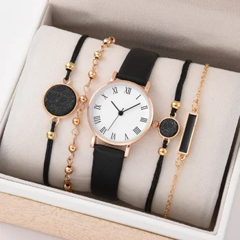 5PCS de Moda de Lujo Reloj de Pulsera de Mujer de Cuero Banda de Cuarzo reloj de Pulsera Relojes de Señoras de Negro Reloj Reloj Mujer