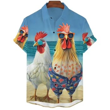 La diversión de Pollo a la Camisa de los Hombres DE Diversión Lindo de los Hombres Camisa Hawaiana de Manga Corta Casual parte Superior de la Fiesta de Playa de Moda Animal Impreso en 3D de la Camisa Para los Hombres
