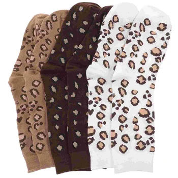 3 Pares de Otoño Invierno Cálido Medias de Leopardo Mediados de los Calcetines de tubo de Espesar la Mujer Calcetines de las Mujeres (de color marrón oscuro, Caqui, blanco, 1