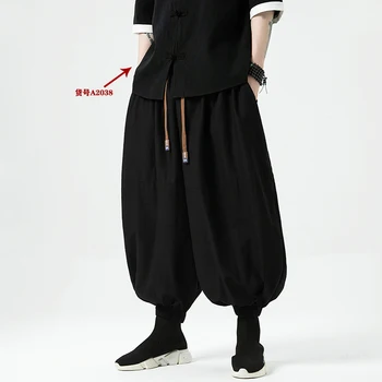 2023 Verano estilo coreano negro Elástico de la cintura, pantalones harem, los hombres casual suelto de algodón de lino de la Linterna pantalones de los hombres pantalones,tamaño M-5XL