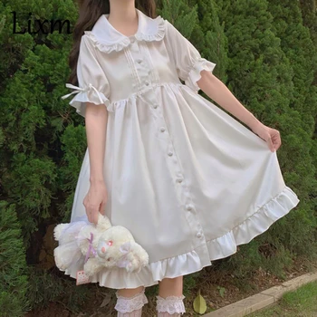 Blanco Kawaii Lolita Vestido Suave de las Niñas de la Princesa de cuento de Peter Pan Collar Vestido de Estilo Japonés Lindo Puff Manga Partido ロリータ