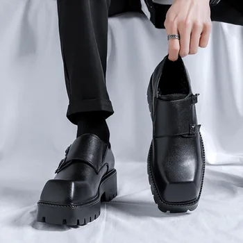 hombres de la moda de monje zapatos negros de moda de cuero genuino zapatos de la marca del diseñador de pies cuadrados de verano mocasines de punk rock de la plataforma de calzado