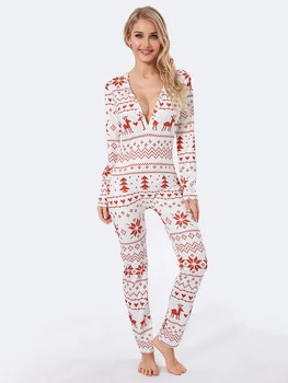 2023 de las Nuevas Mujeres de Navidad Pijama de Impresión Cuello V Manga Larga Trajes de Otoño Invierno Loungewear Suave para ropa de dormir ropa de Dormir