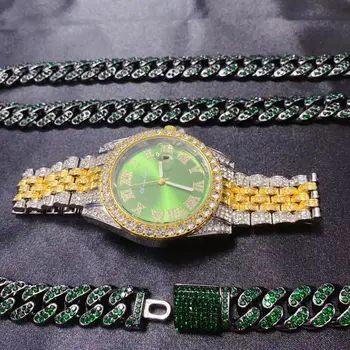 3PCS de los Hombres de las Mujeres de la Misma Hip Hop Calendario Reloj de Lujo del Collar de la Pulsera de la Joyería Conjunto de Bling Bling Verde Dial de Diamante Cadena Cubana
