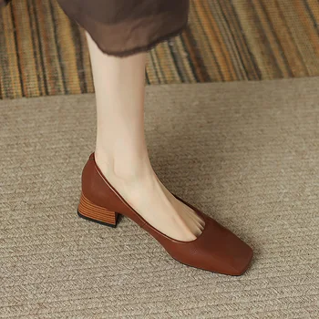 Los zapatos de la Mujer Nueva de poca profundidad de Corte del Dedo del pie Cuadrado Solo Versátil de Zapatos para Mujer de Desplazamientos de los Tacones Bajos y Altos Tacones J-E73