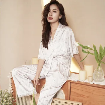 Rosa Casual Conjunto de Pijama de las Mujeres de Pecho Solo Ins coreano Turn-down Collar de Dormir Primavera de Impresión de Encaje de Hielo de Seda ropa de hogar Nueva Mujer