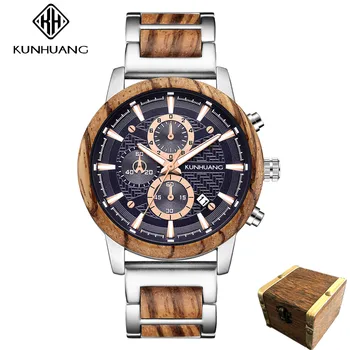 KUNHUANG de la Marca Superior de Madera de Cuarzo Reloj de los Hombres Relojes de Personalizar los Relojes de la Personalidad de acero Inoxidable de Madera de la Correa de relojes de Pulsera