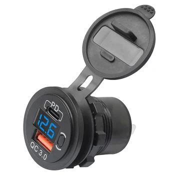 12V-24V 48W Salida USB Impermeable de la clavija del Cargador de la EP y QC3.0 Puerto USB con LED de Voltaje para el Coche Camión Carrito de Golf Blue