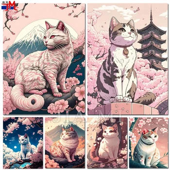 Nueva Colección De 2023 Cerezo Japonés Gato de BRICOLAJE de Diamante de la Pintura de Animales de punto de Cruz Kit Completo de Bordado de Diamantes Mosaico de Decoración para el Hogar