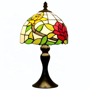 LongHuiJing de 8 pulgadas Rosa Estilo de Tiffany vidrieras Lámpara de Mesa con Base de Metal de 15 pulgadas de Altura de estilo Art Deco de la Lámpara