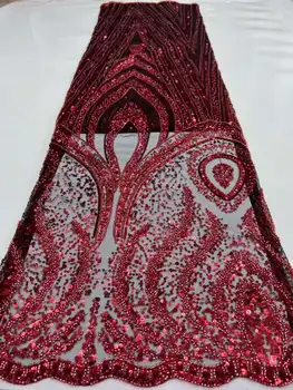 África Rojo con Cuentas de Encaje de Tela de 5 Yardas de la Boda de Telas para las Mujeres de Dubai francés Neto de Tul Bordado de Tela con Lentejuelas de Coser