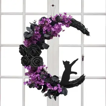 En Forma De Luna Puerta Coronas Gato Negro De La Pared Decoración De Guirnalda De Halloween Otoño De Simulación De Púrpura Corona De Flores De La Decoración De Accesorios