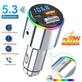 Nuevo Bluetooth 5.3 Transmisor de FM manos libres de Coche Reproductor de MP3 Estéreo del Coche Modulador de FM PD30W Carga Rápida QC3.0 AUX Jugador de Luz RGB