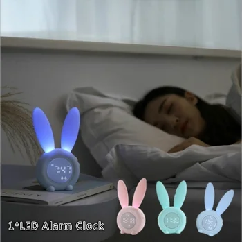 Dibujos animados LED Digital Reloj de Alarma Electrónica de la Pantalla LED del Control de Sonido de Conejo Noche Lámpara de Mesa Recargable del Reloj