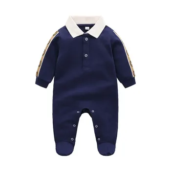 Nueva primavera, otoño estilo de moda de ropa para bebés recién nacidos azul oscuro de punto de algodón de manga larga de niño y niña mameluco de 0-24 meses