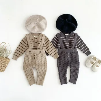 2023 Primavera Otoño de Niños del Bebé 2PCS Suéteres Conjunto de tejidos de Punto de Algodón a Rayas de Manga Larga Tops Liga Pantalones de Traje de Bebé Niños Trajes