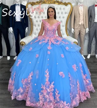 De lujo de Charro, Vestidos de Quinceañera 2023 Xv Azul Con Flores de color Rosa Vestido de Bola de Cumpleaños de 15 Dulces Vestido de Encaje Esponjoso vestidos de 15