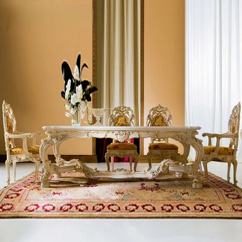 Personalizado villa muebles Europeos de madera maciza tallada mesa de comedor rectangular francés, italiano, mesa de comedor y silla combinación