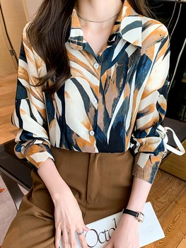 Las mujeres Blusa de Otoño 2023 cosecha Superior Botón de Camisetas de Mujer Blusas elegante de Manga Larga de Gasa de Impresión de Señora de la Oficina tops