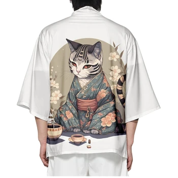 Hombre Japonés Gato Blanco De Impresión Cardigan Haori Yukata Mujeres Kimono Samurai Harajuku Ropa De La Ropa De La Chaqueta De Obi