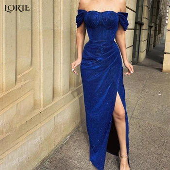 LORIE Royal Blue Glitter Sirena Vestidos de Noche Plisado de los Hombros Fuera de la Hendidura del Lado de Vestido de fiesta Brillante de la Longitud del Piso 2023 Vestidos de Fiesta