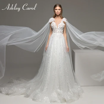 Ashley Carol Una Línea de Vestido de Novia 2023 Espaguetis Correas V-cuello Flores 3D Cintas Brillantes Bohemio Vestido de Novia Vestidos De Novia