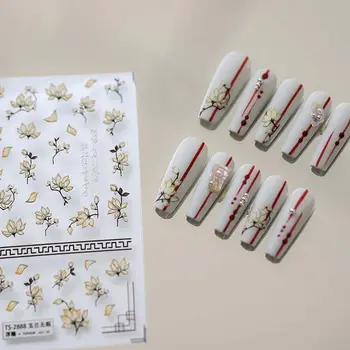 Estilo chino Pegatinas de Uñas de Flores Coloridas Pegatinas de Flor de Durazno de Uñas Calcomanías de Magnolia Camellia Manicura DIY Nail Art