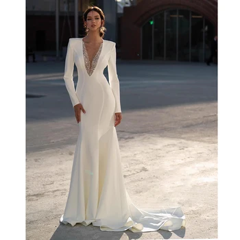 Mujeres sencillas Vestido de Novia Blanco de Escote en V Rebordear Perlas Lentejuelas Tribunal Tren Vestido de Novia de Sirena de la Moda y Elegante 2023