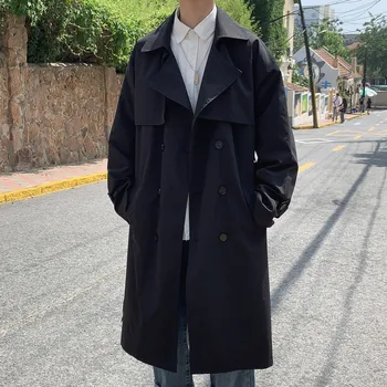 Estilo coreano de la Primavera Abrigo Masculino Streetwear Cazadora Gabardina Hombres de Negocios Sólido Casual Suelto Largo Abrigo