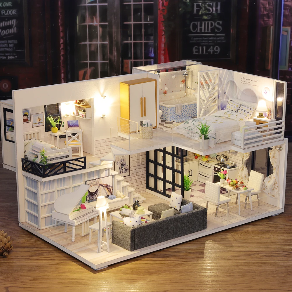 Ensamble de BRICOLAJE Casa de Madera casa de Muñecas kit de Madera en Miniatura de Casas de Muñecas en Miniatura casa de Muñecas, juguetes Con Muebles de Luces LED de Regalo . ' - ' . 1
