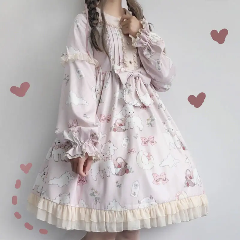 Kawaii Japonés Lolita vestido Vintage de Cordero Impresión lolita vestido de mujer suave de niña estilo lindo de la Princesa vestido de encaje lindo . ' - ' . 1