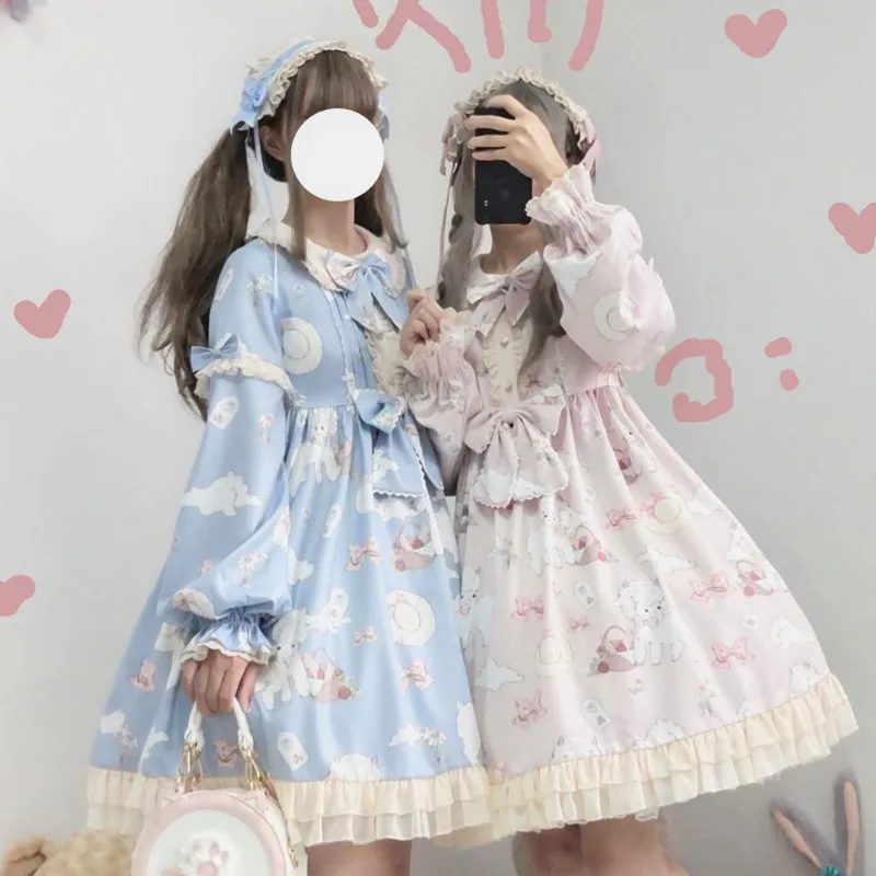 Kawaii Japonés Lolita vestido Vintage de Cordero Impresión lolita vestido de mujer suave de niña estilo lindo de la Princesa vestido de encaje lindo . ' - ' . 3