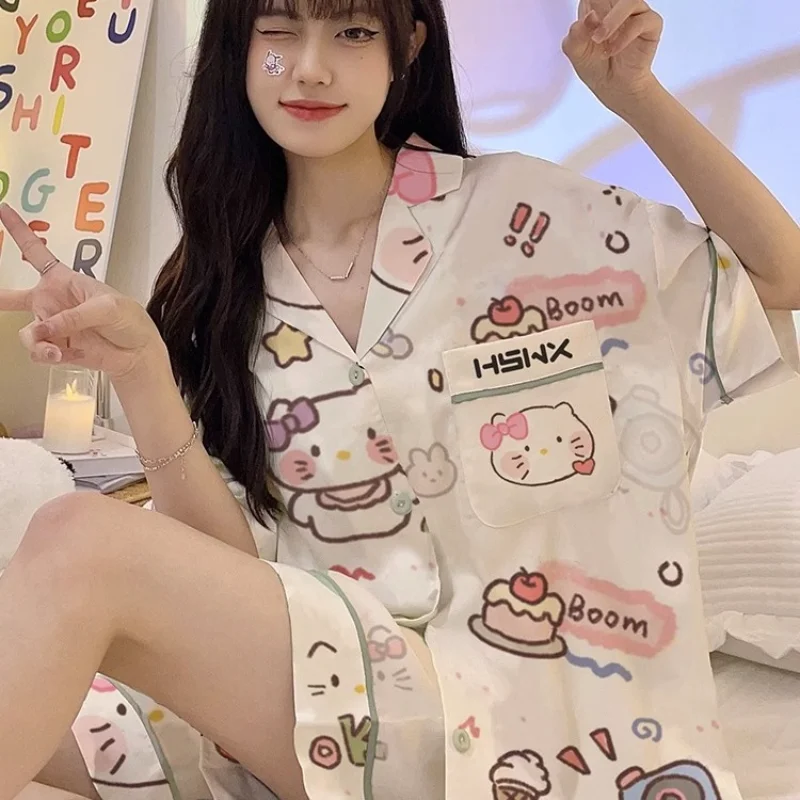 Kawaii Sanrios Pijama Conjunto De Dibujos Animados De Pijama De Mujer De Verano Cute Hello Kitty Casa De Verano Juego De Ropa De . ' - ' . 0