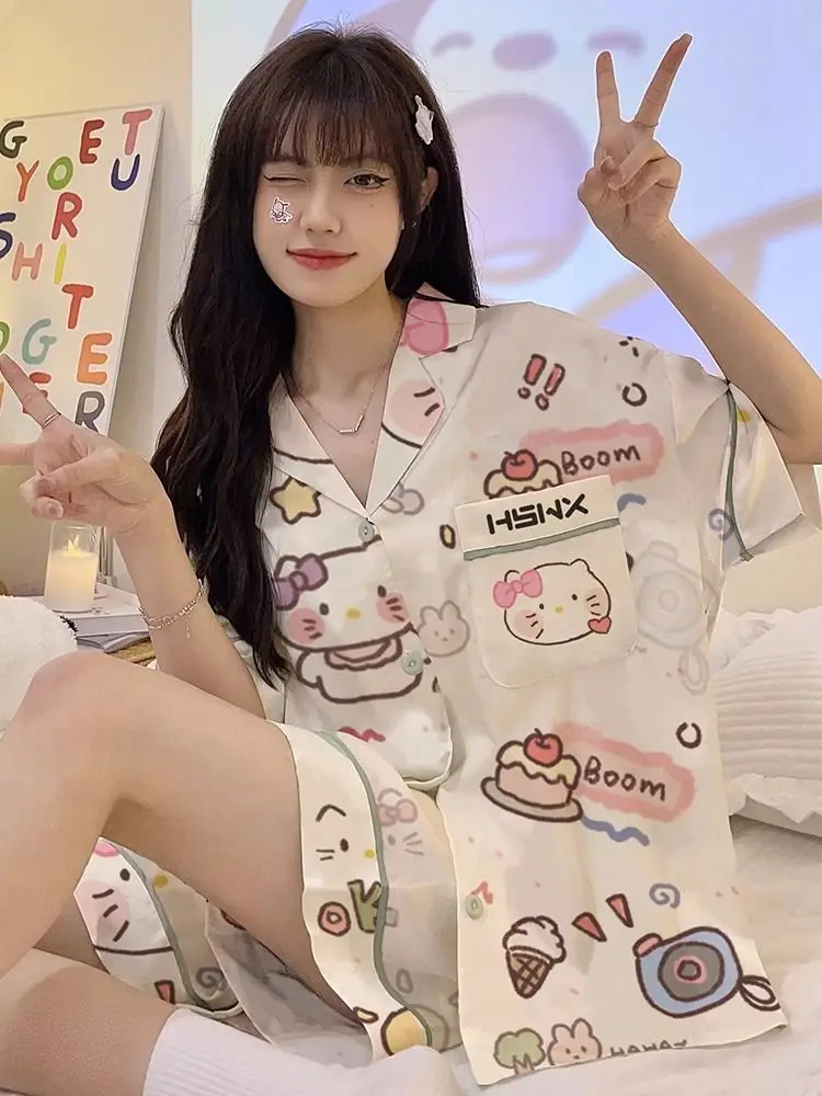 Kawaii Sanrios Pijama Conjunto De Dibujos Animados De Pijama De Mujer De Verano Cute Hello Kitty Casa De Verano Juego De Ropa De . ' - ' . 1